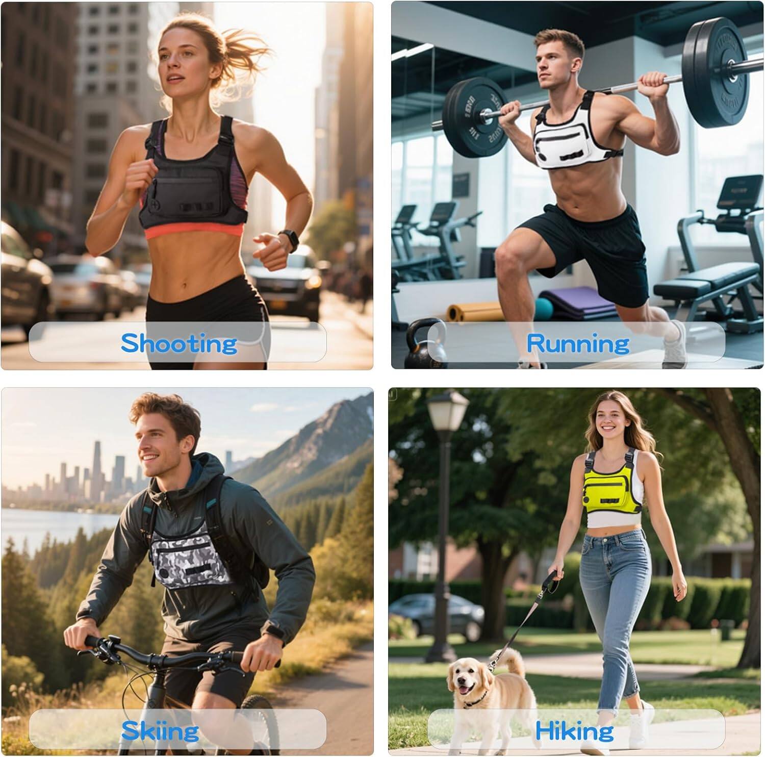 1. Shooting
2. Running
3. Skiing
4. Hiking