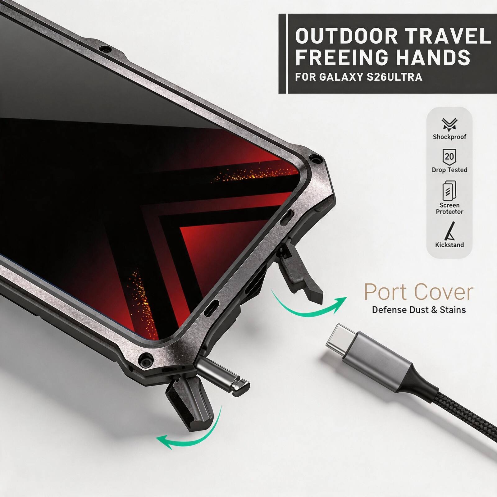 OUTDOOR TRAVEL FREEING HANDS FOR GALAXY S26ULTRA

- Shockproof
- 20 Drop Tested
- Screen Protector
- Kickstand
- Port Cover Defense Dust & Stains