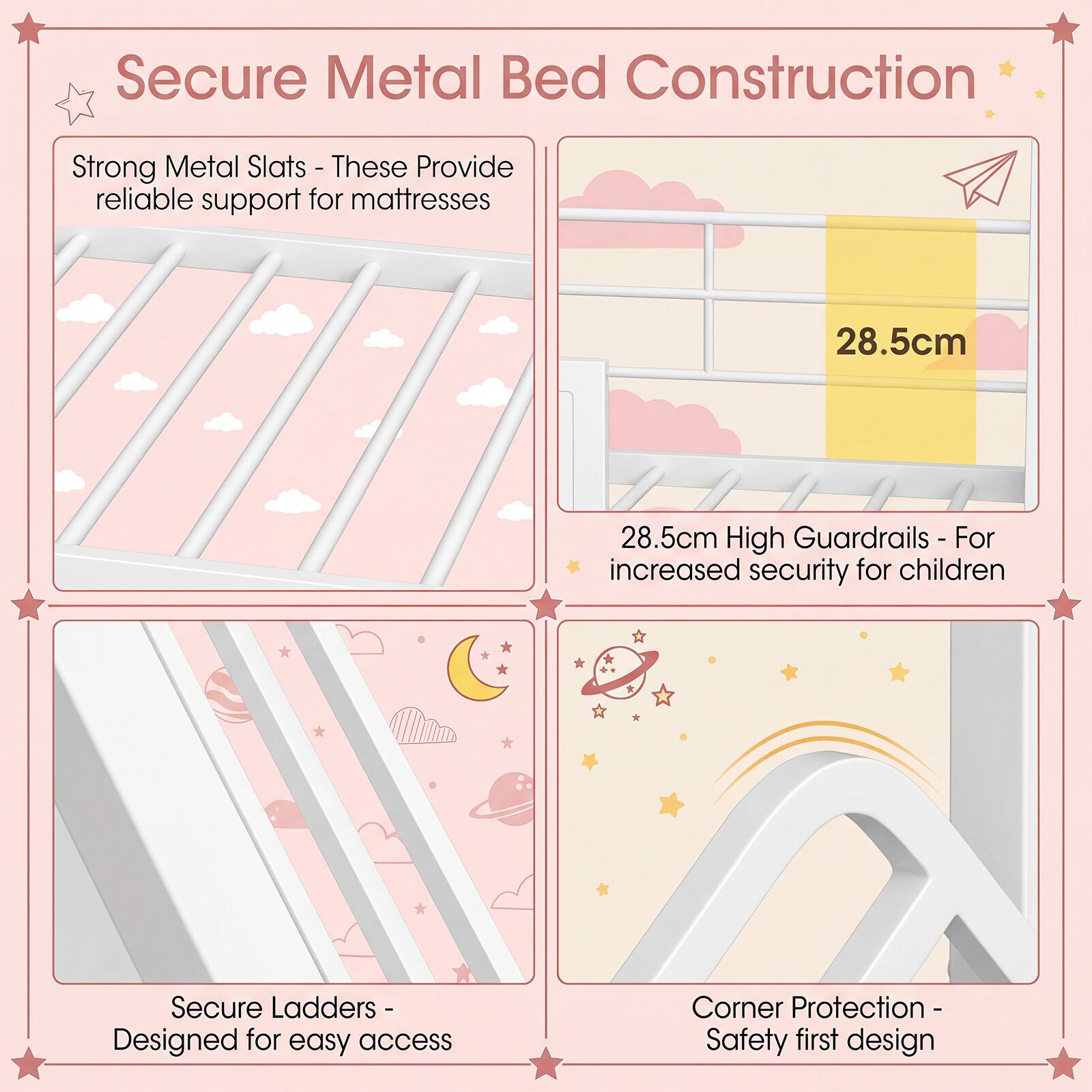 Secure Metal Bed Construction

- Strong Metal Slats - These Provide reliable support for mattresses
- 28.5cm High Guardrails - For increased security for children
- Secure Ladders - Designed for easy access
- Corner Protection - Safety first design