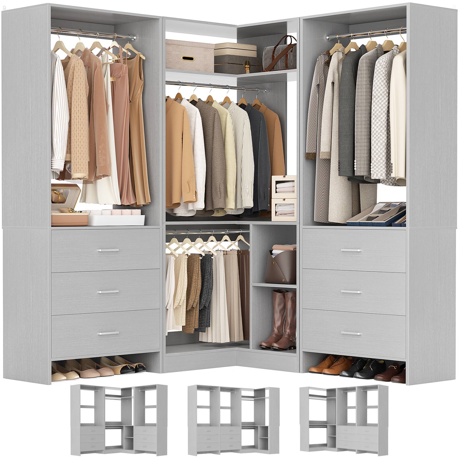 Angle. Aheaplus - 55.2'' - 80.9'' W Corner Closet Organizer System with 6 Wooden Drawers and 4 Hanging Rods - Gray.