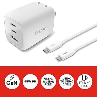 Staples  
Staples GaN 65W PD USB-C & USB-A Ports USB-C to USB-C Folding Cable Plug  

- GaN  
- 65W PD  
- USB-C & USB-A Ports  
- USB-C to USB-C Cable  
- Folding Plug
