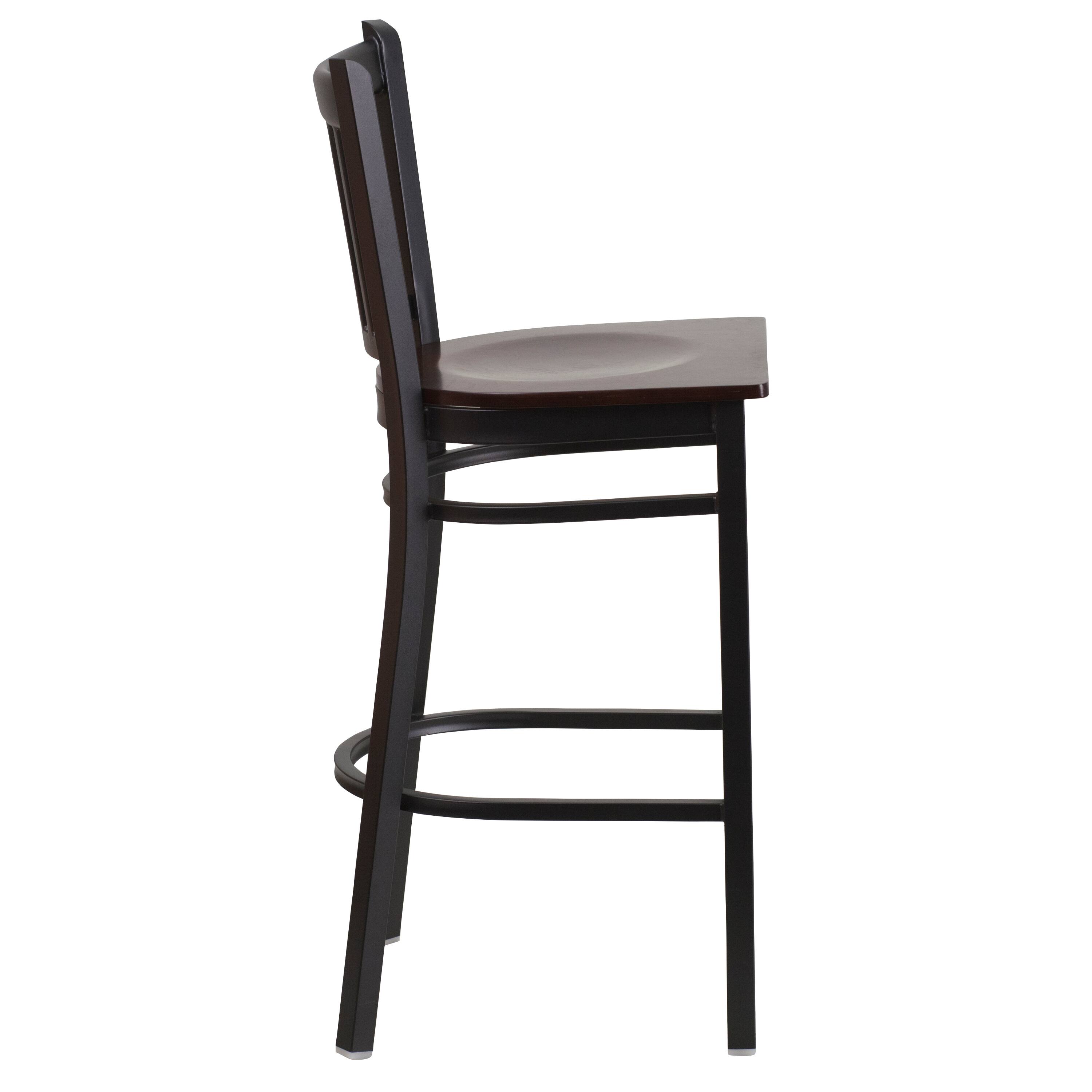 Alt View 4. Emma + Oliver - Vertical Back Metal Restaurant Dining Barstool - Walnut Wood Seat/Black Metal Frame.