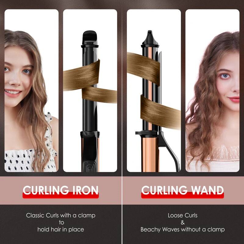 CURLING IRON  
Classic Curls with a clamp to hold hair in place  

CURLING WAND  
Loose Curls & Beachy Waves without a clamp