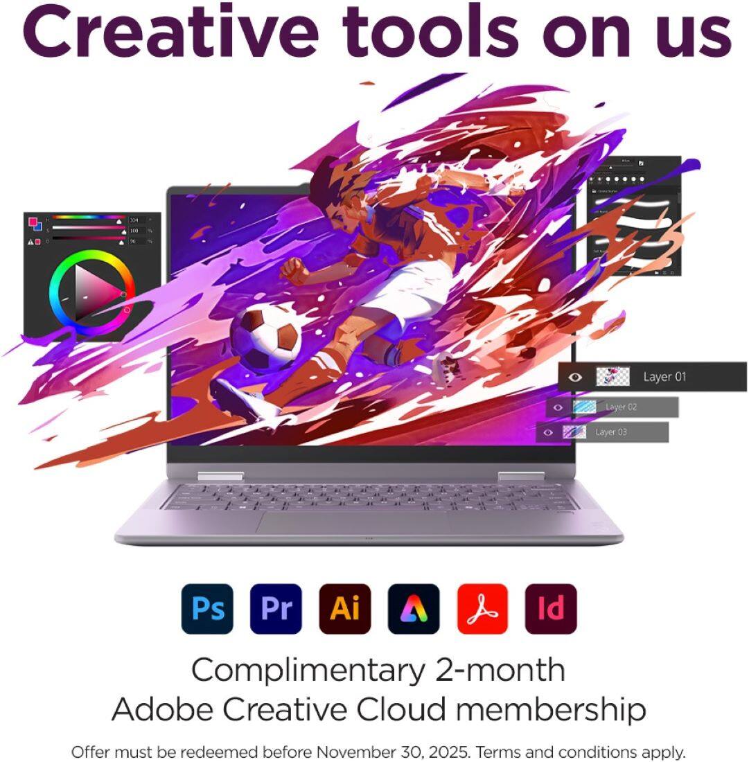 Creative tools on us. Layer 01, Layer 02, Layer 03, Ps, Pr, Ai, Id. Complimentary 2-month Adobe Creative Cloud membership. Offer must be redeemed before November 30, 2025. Terms and conditions apply.