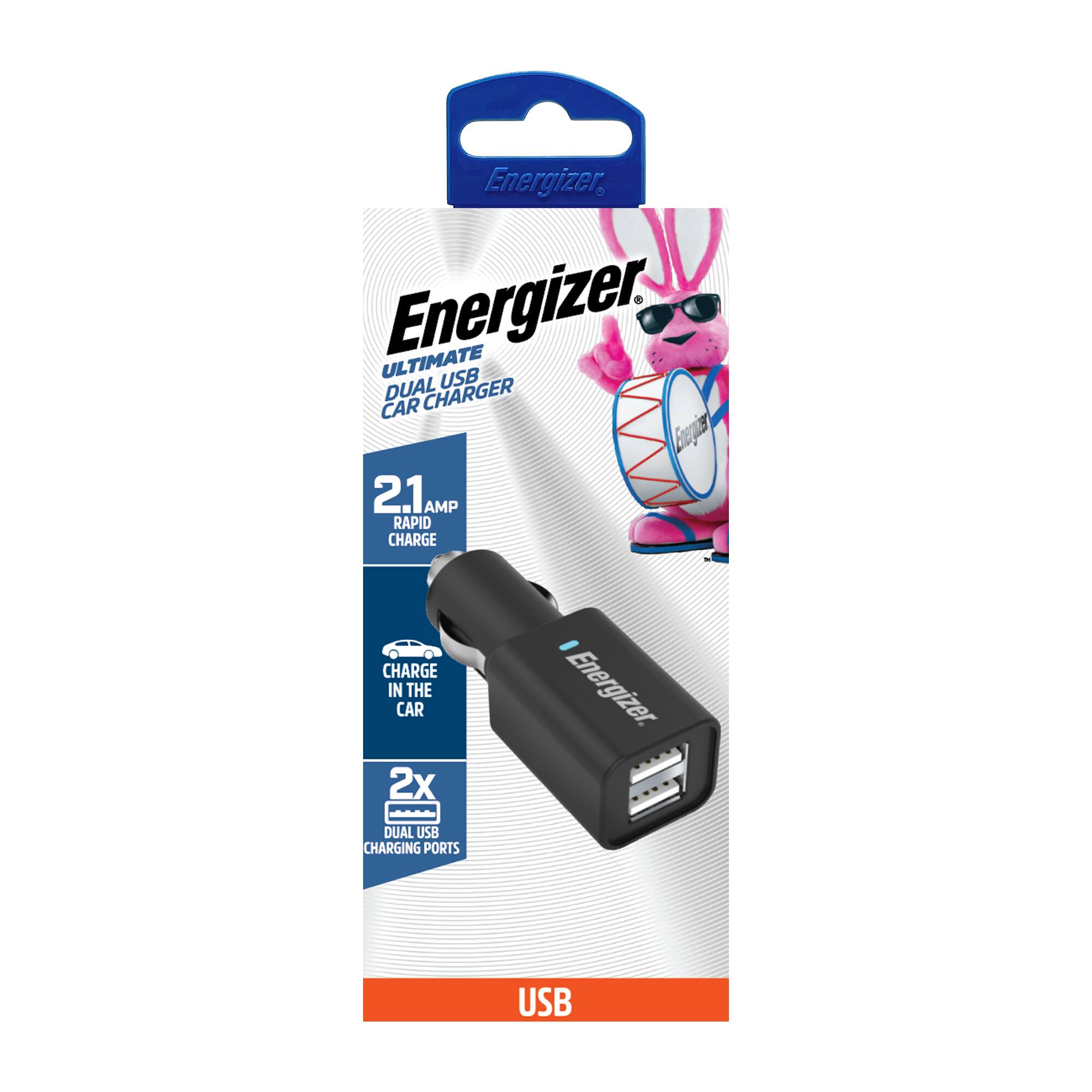 Energizer ULTIMATE DUAL USB CAR CHARGER  
2.1 AMP RAPID CHARGE  
CHARGE IN THE CAR  
2x DUAL USB CHARGING PORTS  
USB