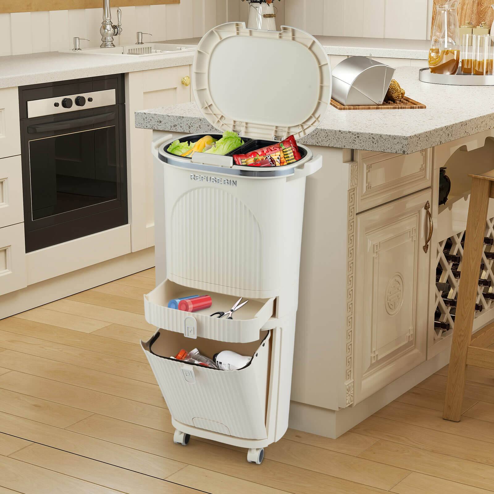 Alt View 1. Costway - Costway 11 Gallon Kitchen Trash Can with Lid, 2 Removable Buckets, Drawer, Step Pedal - Beige.