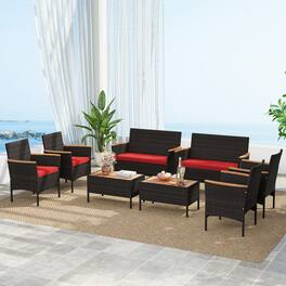 Gymax - 8 PCS Patio Wicker Sofa Set w/ Coffee Table Acacia Wood Armrests & Tabletop Mix Brown - Red