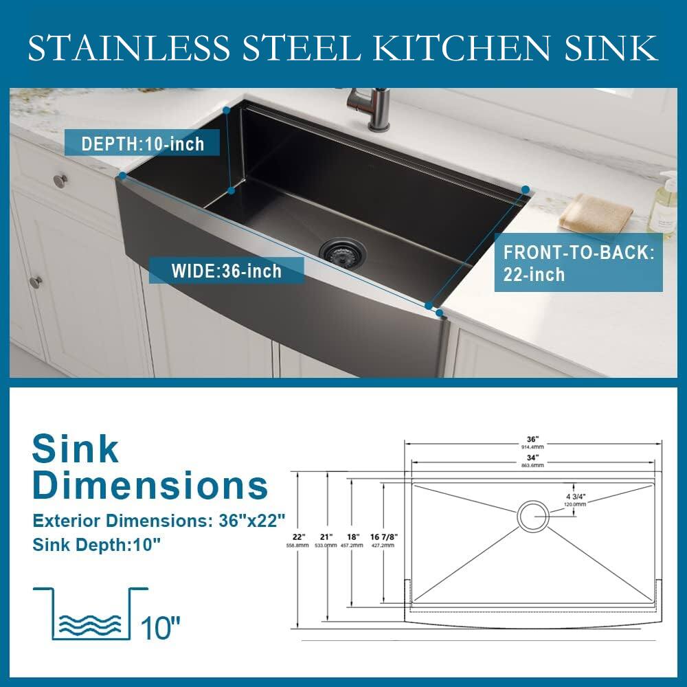 STAINLESS STEEL KITCHEN SINK

DEPTH: 10-inch  
WIDE: 36-inch  
FRONT-TO-BACK: 22-inch  

Sink Dimensions  
Exterior Dimensions: 36"x22"  
Sink Depth: 10"
