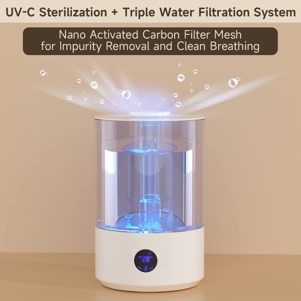 UV-C Sterilization + Triple Water Filtration System  
Nano Activated Carbon Filter Mesh for Impurity Removal and Clean Breathing