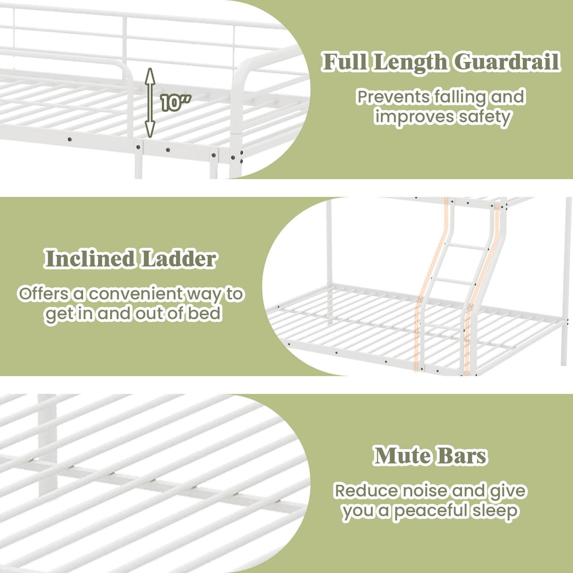10" Full Length Guardrail: Prevents falling and improves safety.
Inclined Ladder: Offers a convenient way to get in and out of bed.
Mute Bars: Reduce noise and give you a peaceful sleep.