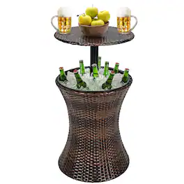 Costway - Patio Rattan Cooler Bar Table Cocktail Coffee Table Height Adjustable - Mix Brown