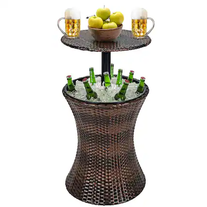 Front. Costway - Costway Patio Rattan Cooler Bar Table Cocktail Coffee Table Height Adjustable - Mix Brown.