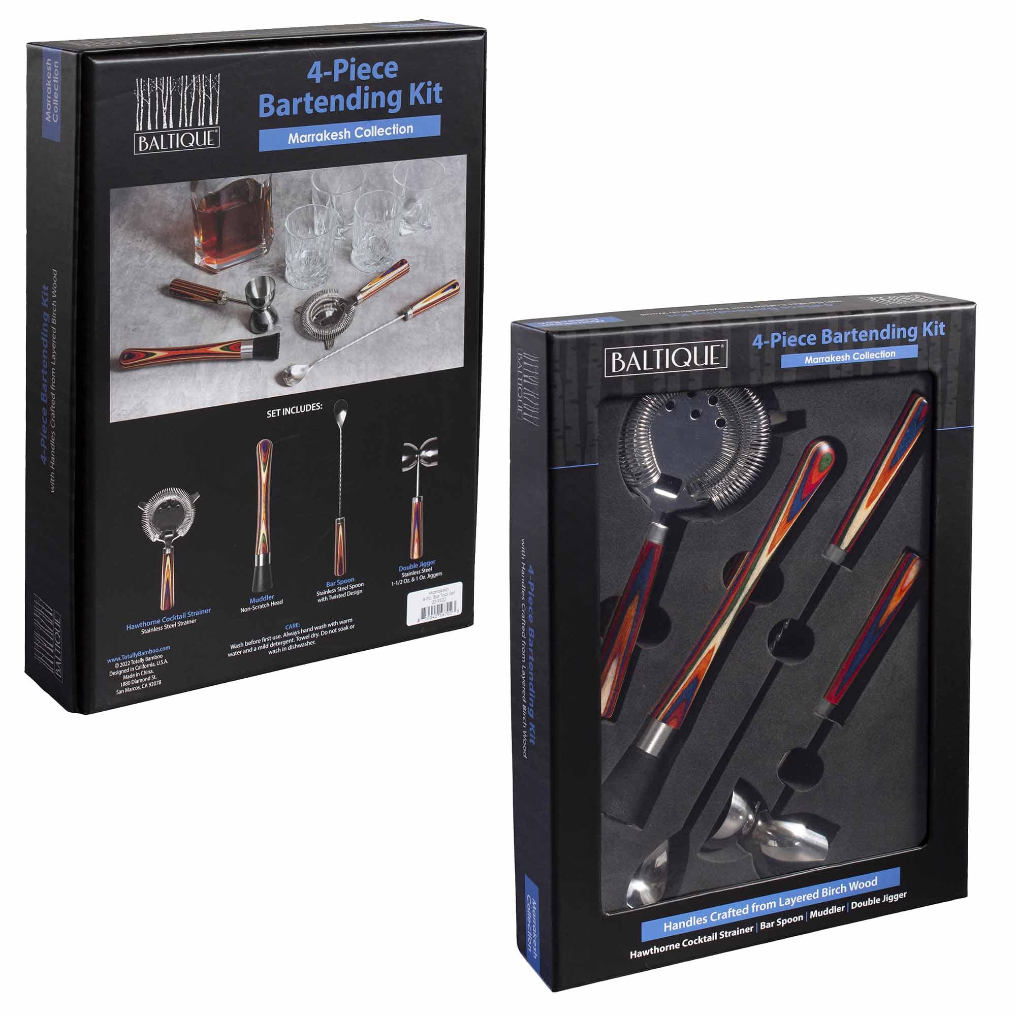 4-Piece Bartending Kit  
Marrakesh Collection  

Set Includes:  
- Hawthorne Cocktail Strainer  
- Bar Spoon  
- Muddler  
- Double Jigger  

Handles Crafted from Layered Birch Wood  

4-Piece Bartending Kit  
Marrakesh Collection  

SET INCLUDES:  
- Hawthorne Cocktail Strainer  
- Bar Spoon  
- Muddler  
- Double Jigger  

Handles Crafted from Layered Birch Wood