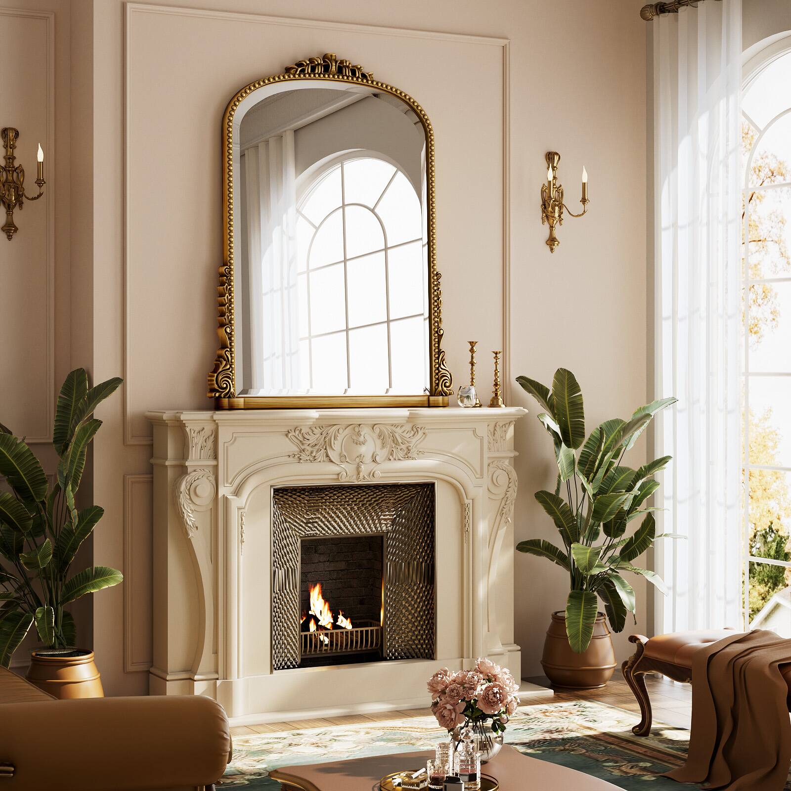 Back. Easly - Antique Gold 24 in. W x 32 in. H Carved Arched PU Frame Vanity Wall Mirror - Gold.