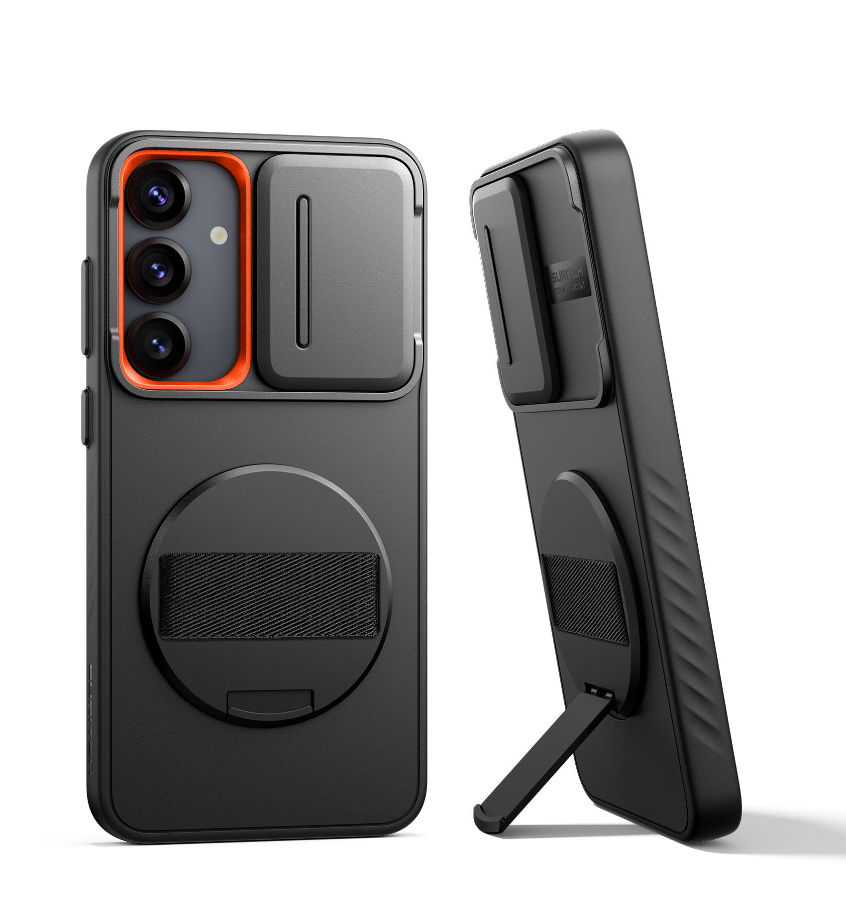 Angle. SURITCH - Case for Samsung Galaxy S25 with 360° Rotatable Hand Strap, Invisible Kickstand, Slide Camera Cover, Rugged Shockproof - Black.