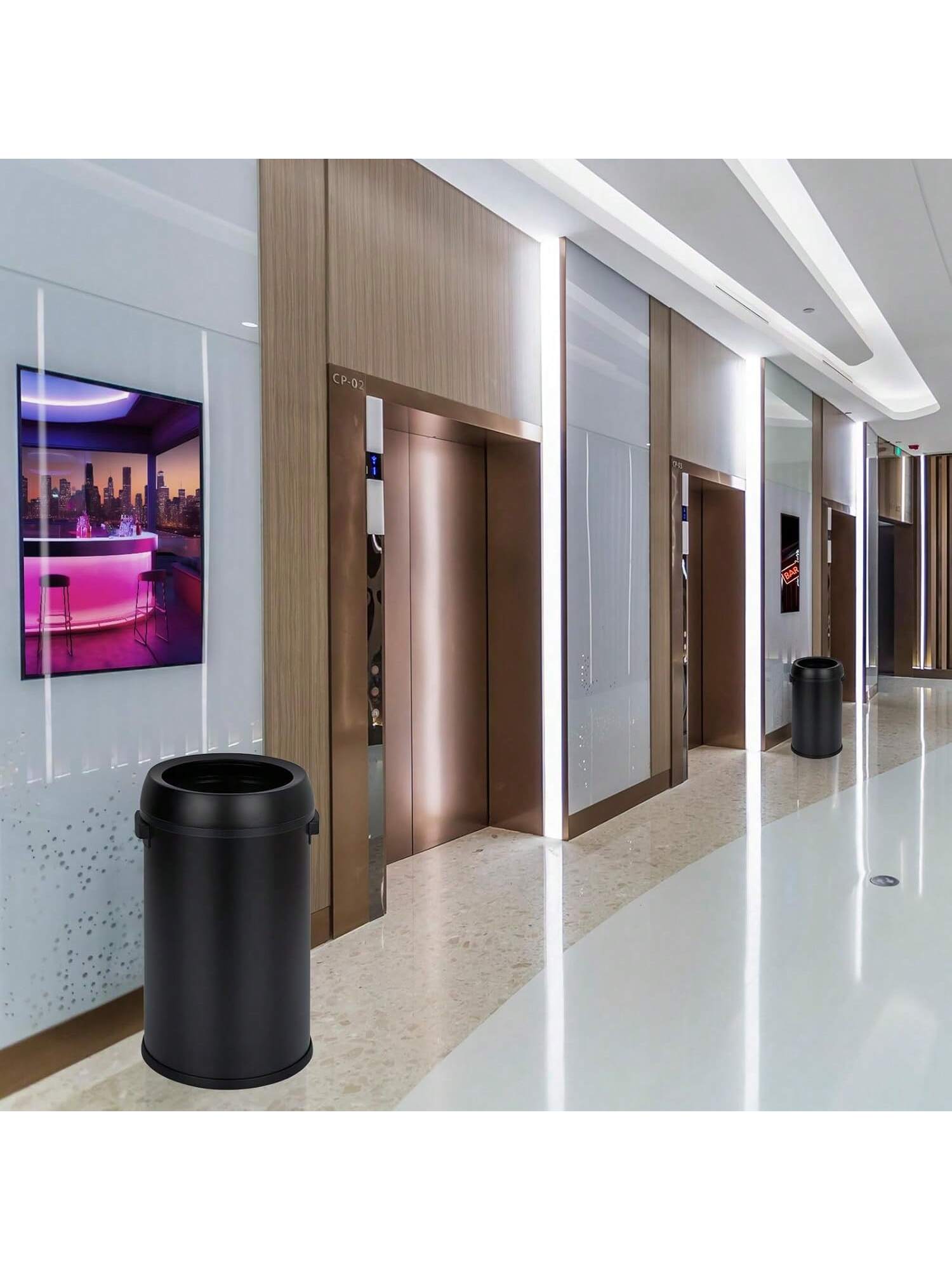 Alt View 4. GARVEE - 17 Gallon 65 Liter Stainless Steel Swing Open Top Trash Can Heavy Duty Round Trash Bin With Swing Lid - Black Open Top.