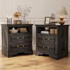 Front. Aheaplus - 2-Pack Farmhouse Nightstands with Charging Station (USB & AC), 2 Drawers & Open Shelf for Bedroom/Living Room - Gray Oak.