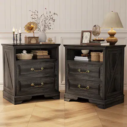 Front. Aheaplus - 2-Pack Farmhouse Nightstands with Charging Station (USB-C & AC), 2 Drawers & Open Shelf for Bedroom/Living Room - Gray Oak.