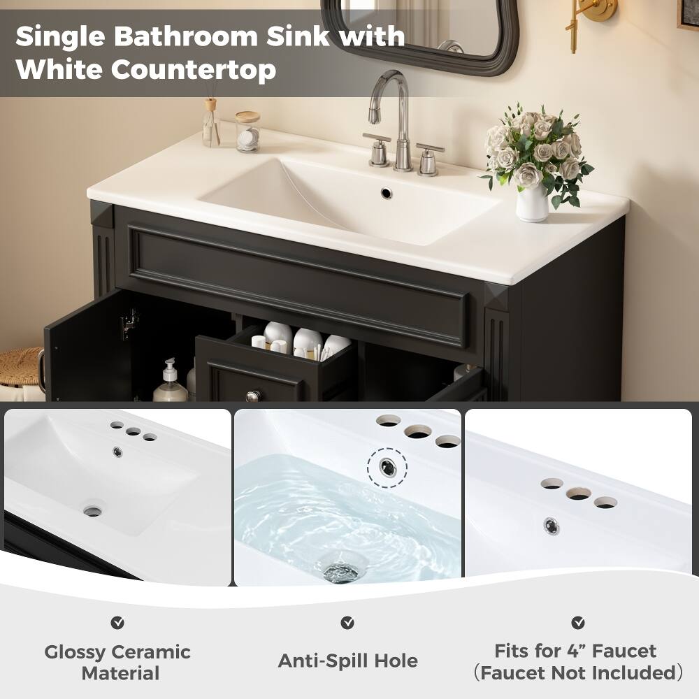 Single Bathroom Sink with White Countertop  
Glossy Ceramic Material  
Anti-Spill Hole  
Fits for 4" Faucet (Faucet Not Included)