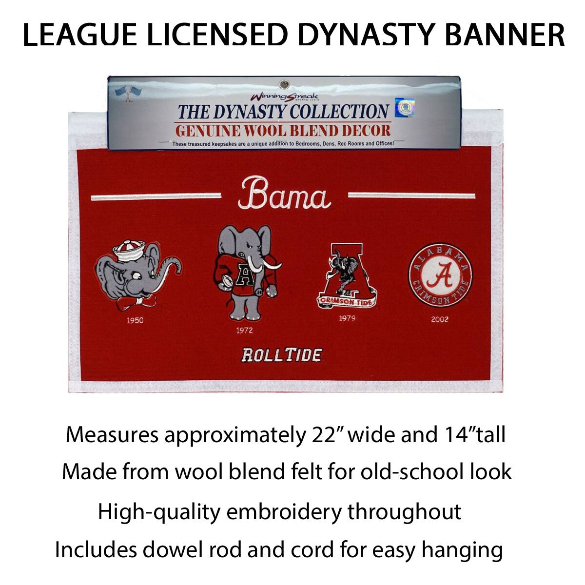LEAGUE LICENSED DYNASTY BANNER

THE DYNASTY COLLECTION  
GENUINE WOOL BLEND DECOR  
These treasured keepsakes are a unique addition to Bedrooms, Dens, Rec Rooms and Offices!

Bama  
1950 1972 CRIMSON TIDE 1979 2002 ROLL TIDE

Measures approximately 22" wide and 14" tall  
Made from wool blend felt for old-school look  
High-quality embroidery throughout  
Includes dowel rod and cord for easy hanging