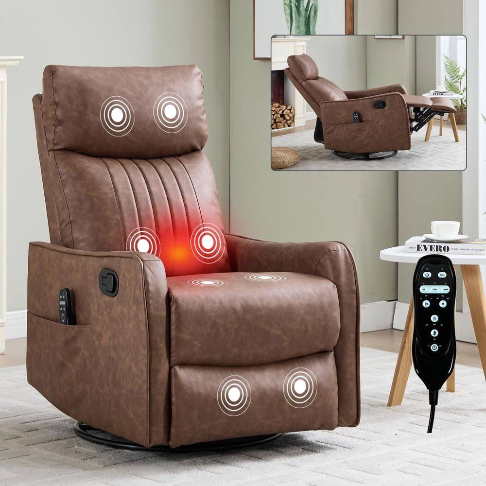 Angle. Kadyn - Faux Leather Heat Massage Recliner Chair, 8 Vibration Modes & Lumbar Heat, Rocker Swivel, Brown - Brown.
