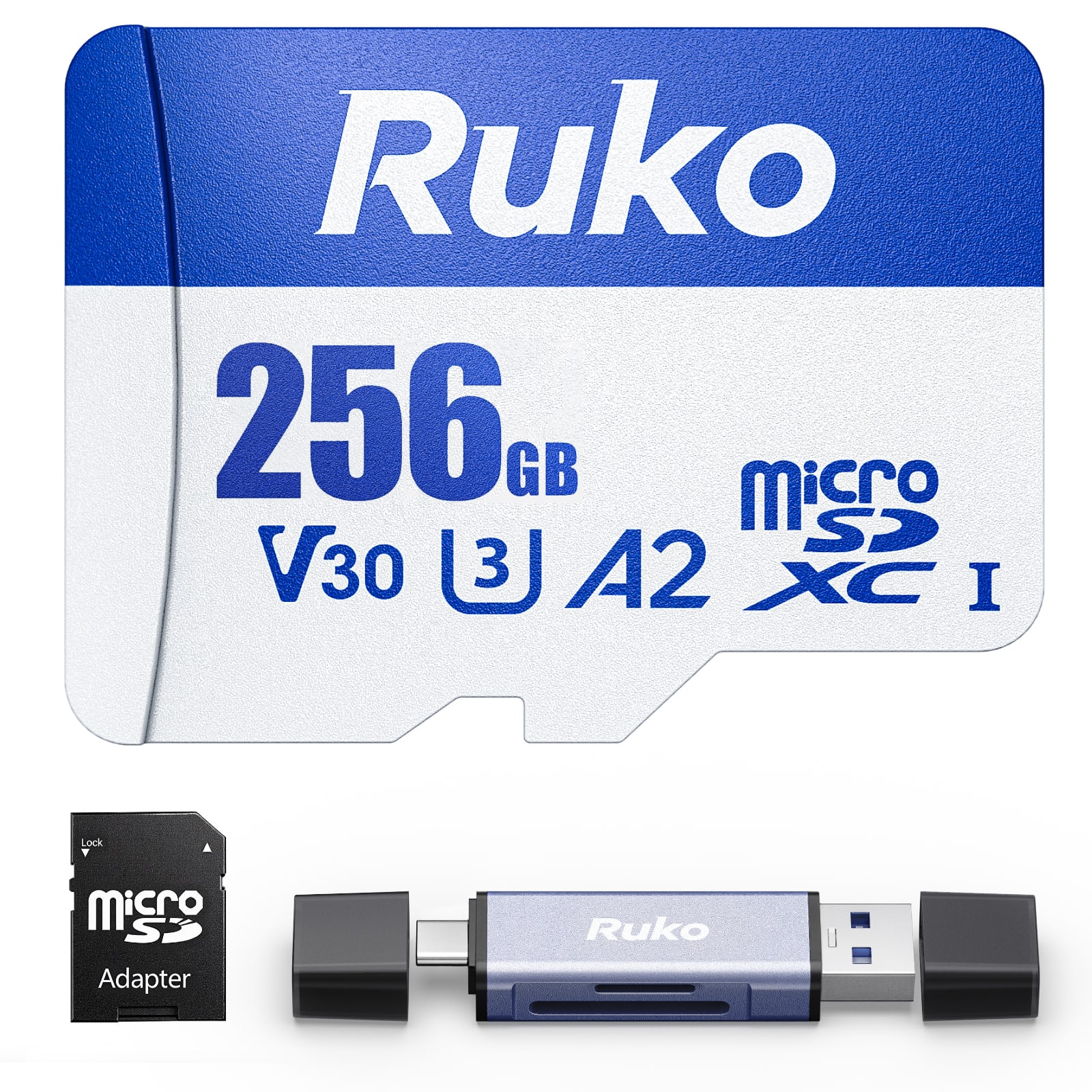 Ruko - 256GB Micro SD Card with Adapter & Reader, A2, Class10, UHS-I U3/V30, 4K UHD, Up to 100MB/s Read