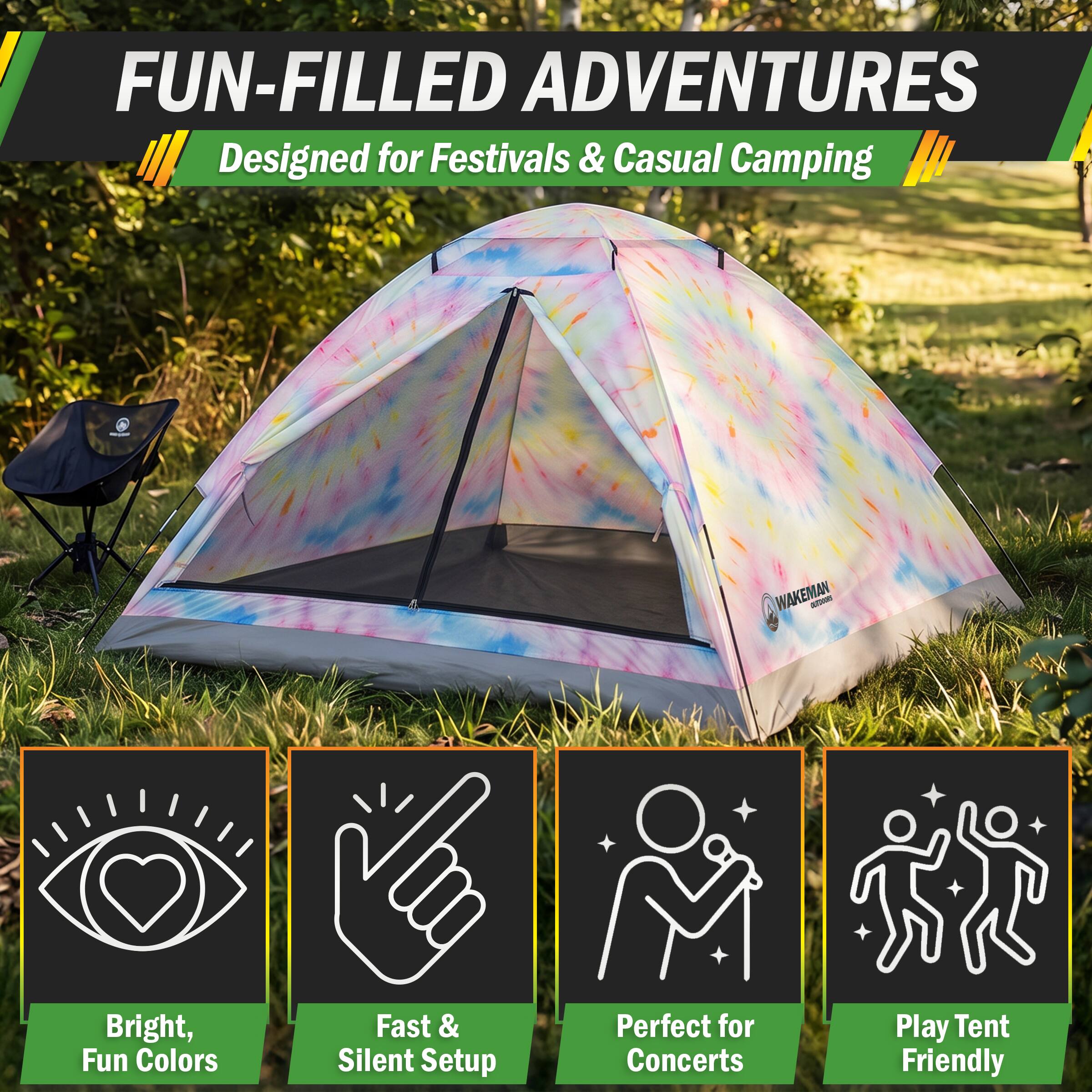 FUN-FILLED ADVENTURES  
Designed for Festivals & Casual Camping

WAKEMAN amours

Bright, Fun Colors  
Fast & Silent Setup  
Perfect for Concerts  
Play Tent Friendly