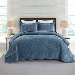MarCielo - 3Pc Luxury Velvet Oversized Embroidery Soft and Plush Quilt Set - Elegant Blue