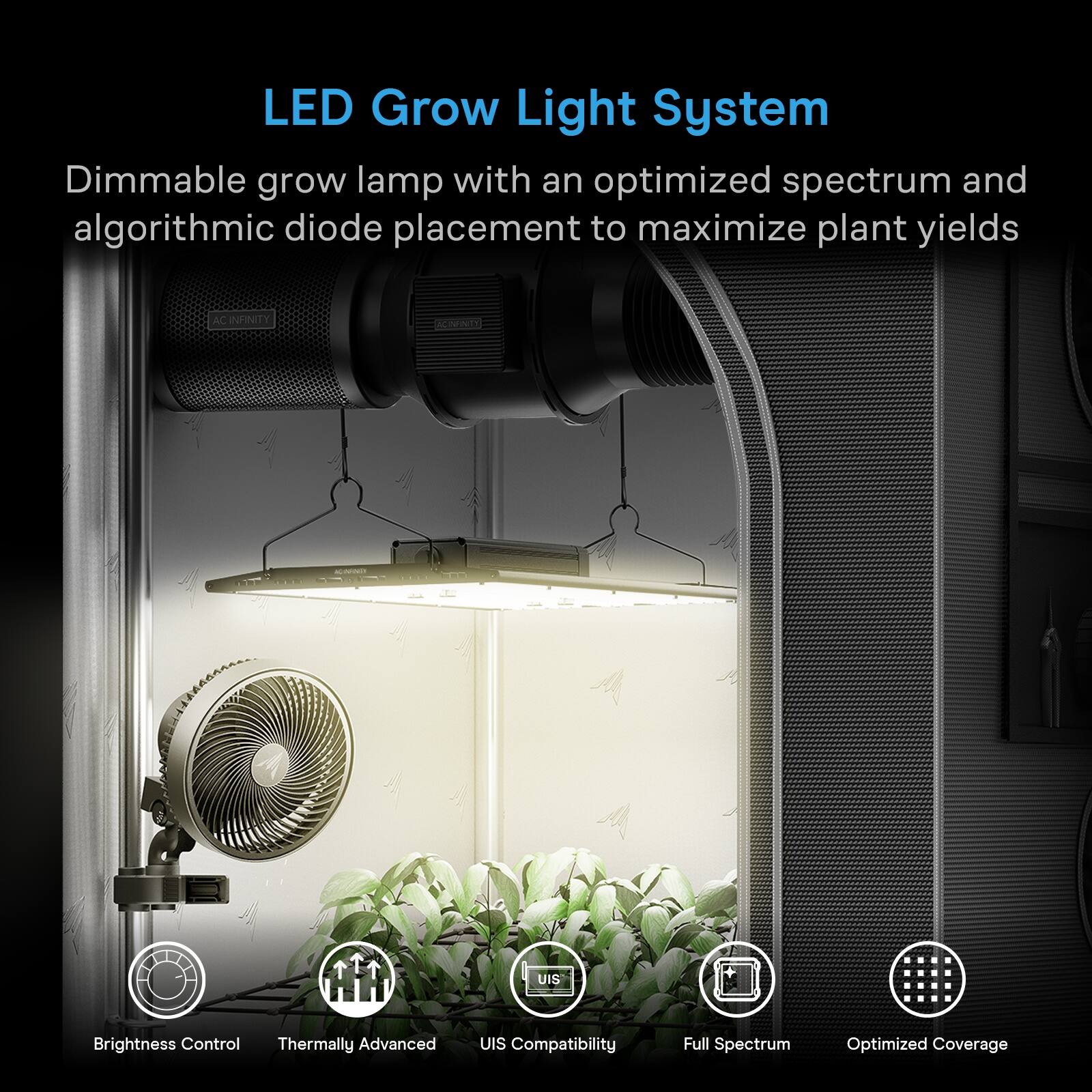LED Grow Light System

Dimmable grow lamp with an optimized spectrum and algorithmic diode placement to maximize plant yields

AC INFINITY

Brightness Control
Thermally Advanced
UIS Compatibility
Full Spectrum
Optimized Coverage