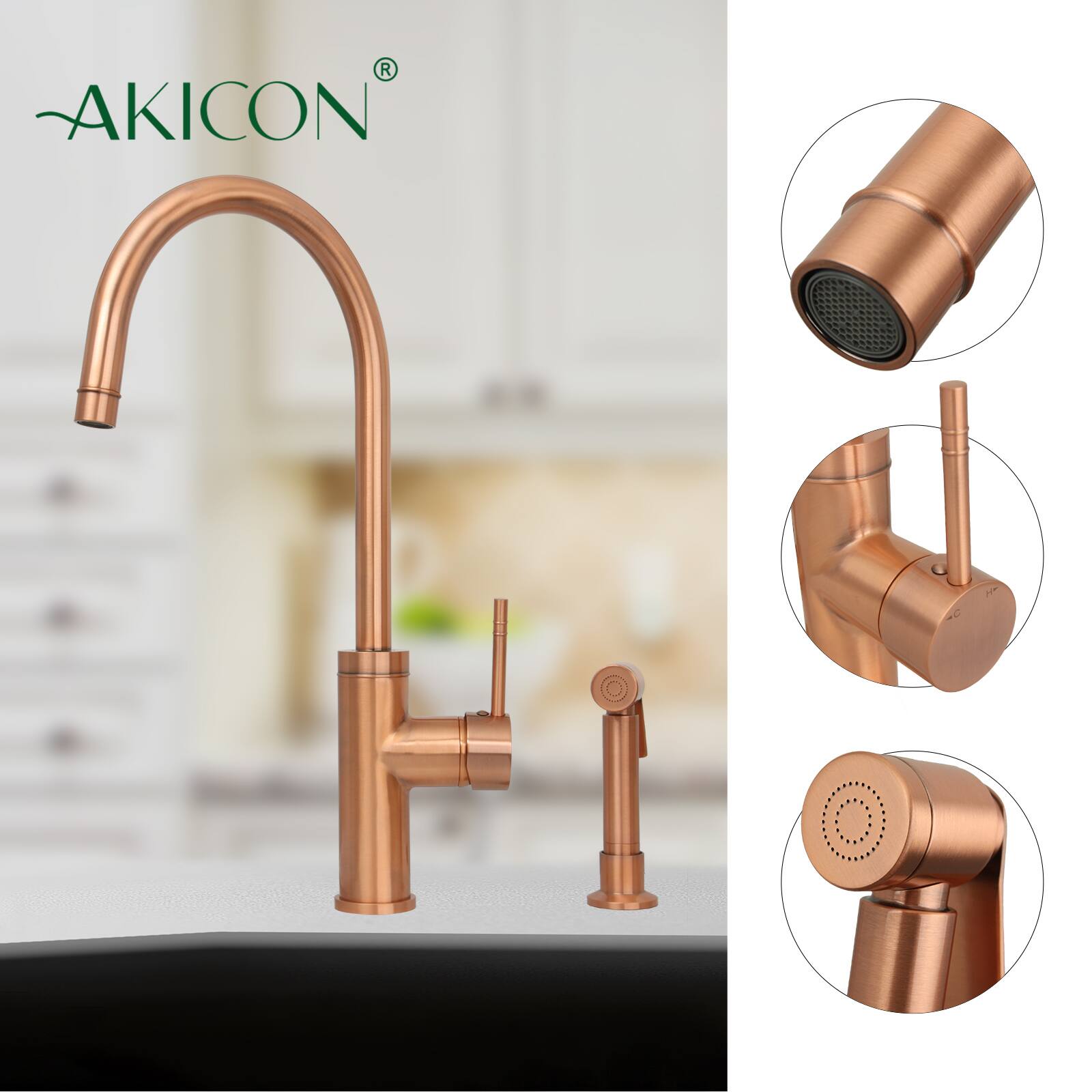 Alt View 2. Akicon - Akicon Solid Brass Single Handle 360° Swivel Widespread Kitchen Faucet with Side Sprayer in Antique Copper - Copper.