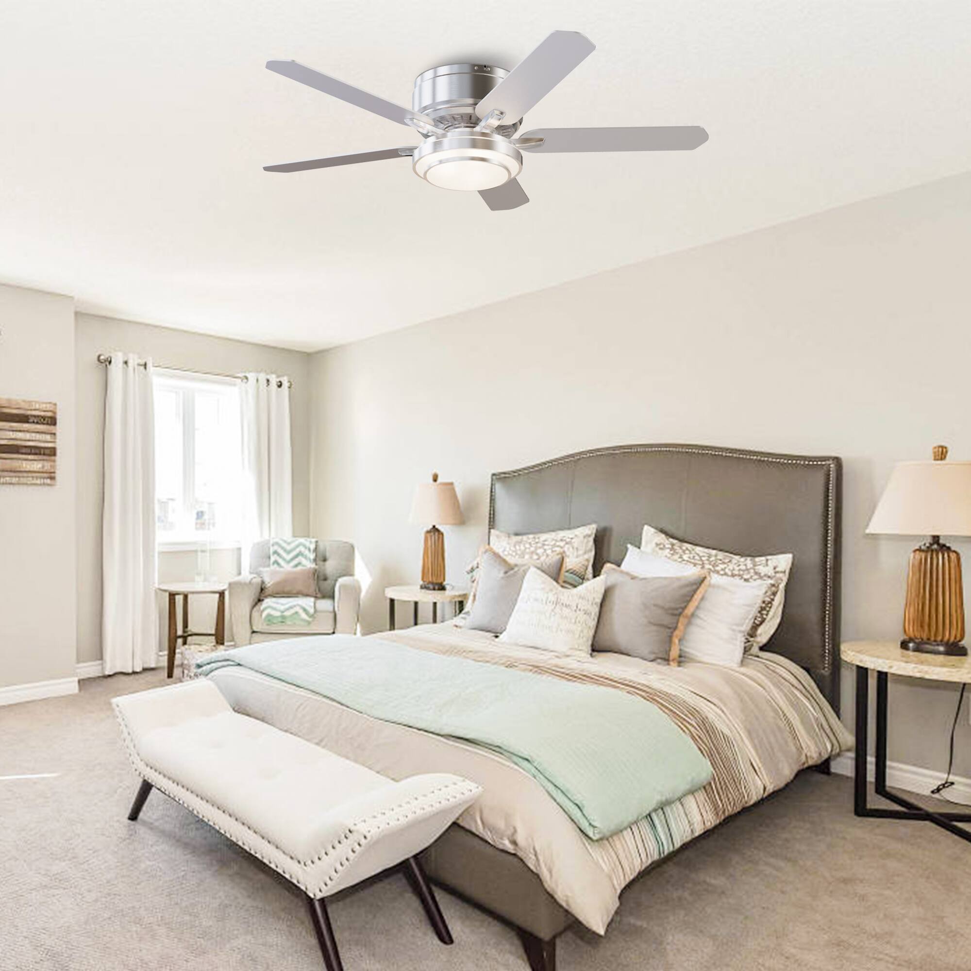 Angle. Vaczon - 52" Modern Brushed Nickel Flush Mount LED Ceiling Fan with Remote and APP Control - Nickel.