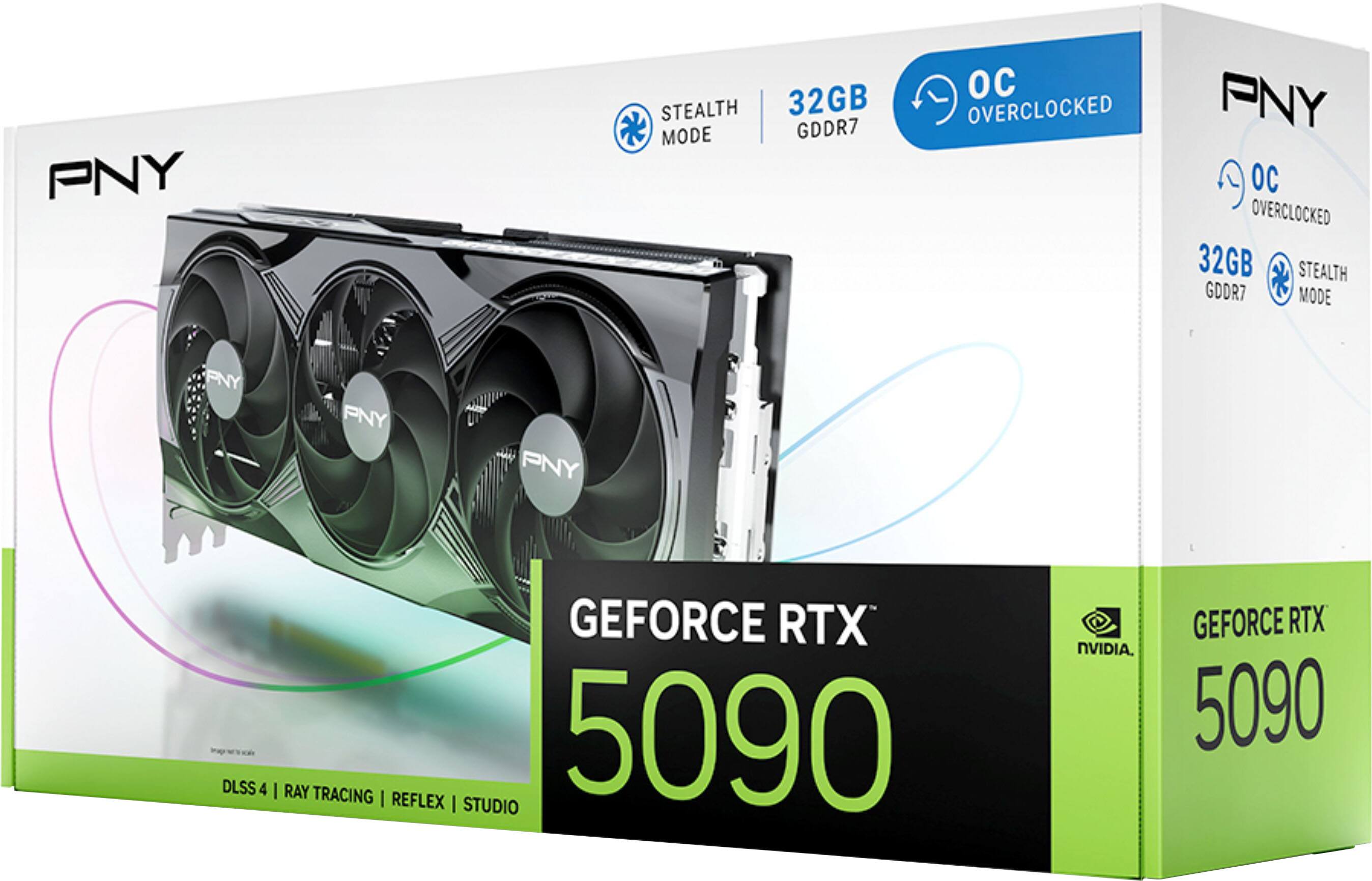 PNY STEALTH 32GB MODE GDDR7 OC OVERCLOCKED  
PNY OC OVERCLOCKED 32GB STEALTH GDDR7 MODE  
DLSS 4 | RAY TRACING | REFLEX | STUDIO  
GEFORCE RTX 5090  
NVIDIA