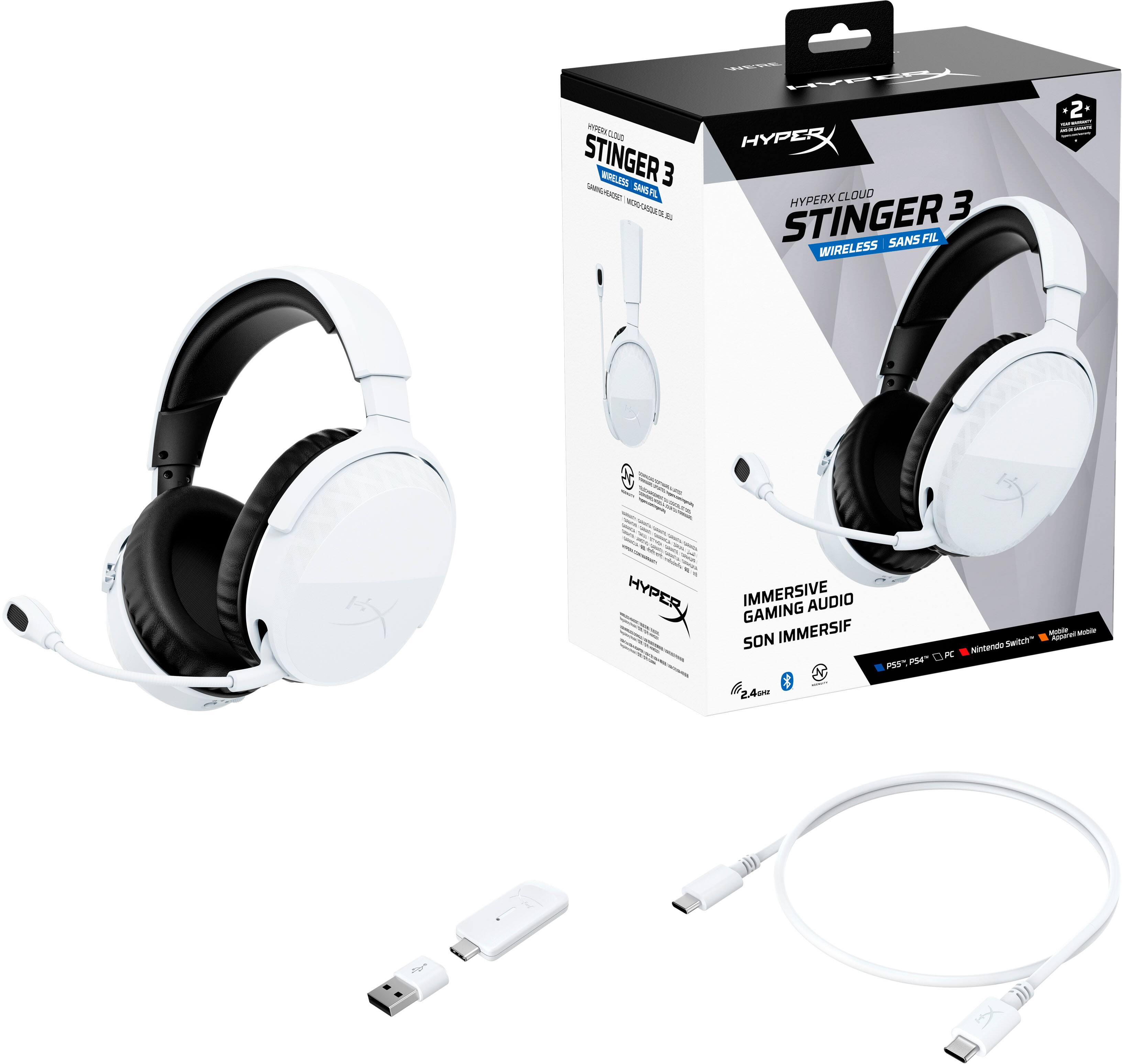 HYPERX CLOUD STINGER 3  
WIRELESS SANS FIL  
HYPERX CLOUD STINGER 3  
WIRELESS SANS FIL  
HYPER IMMERSIVE AUDIO GAMING SON IMMERSIF  
PS4 - PS5 - PC - Nintendo Switch - Mobile - Audio Mobile  
2.4 GHz