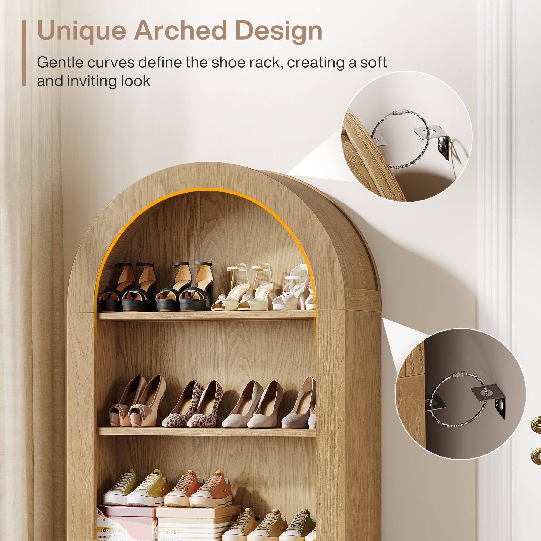 Unique Arched Design  
Gentle curves define the shoe rack, creating a soft and inviting look