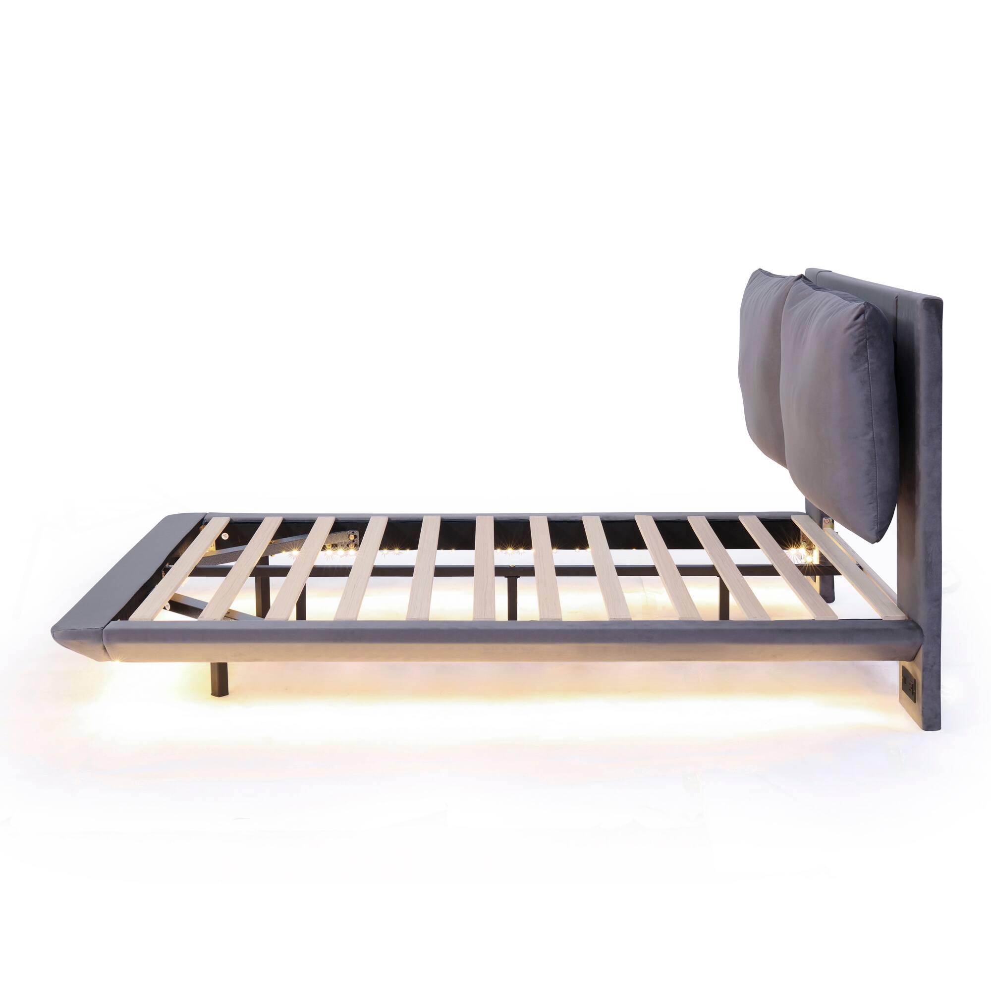 Alt View 4. Tiramisubest - Full Size Upholstered Platform Bed with Sensor Light and 2 Large Backrests, 2 sets of USB Port and Socket, Gray - Gray.