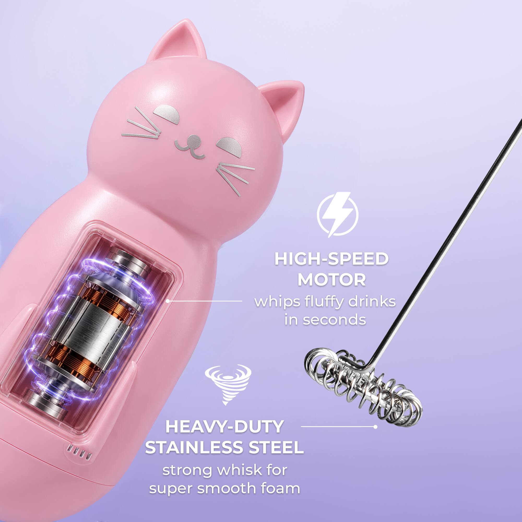 HIGH-SPEED MOTOR whips fluffy drinks in seconds  
HEAVY-DUTY STAINLESS STEEL strong whisk for super smooth foam