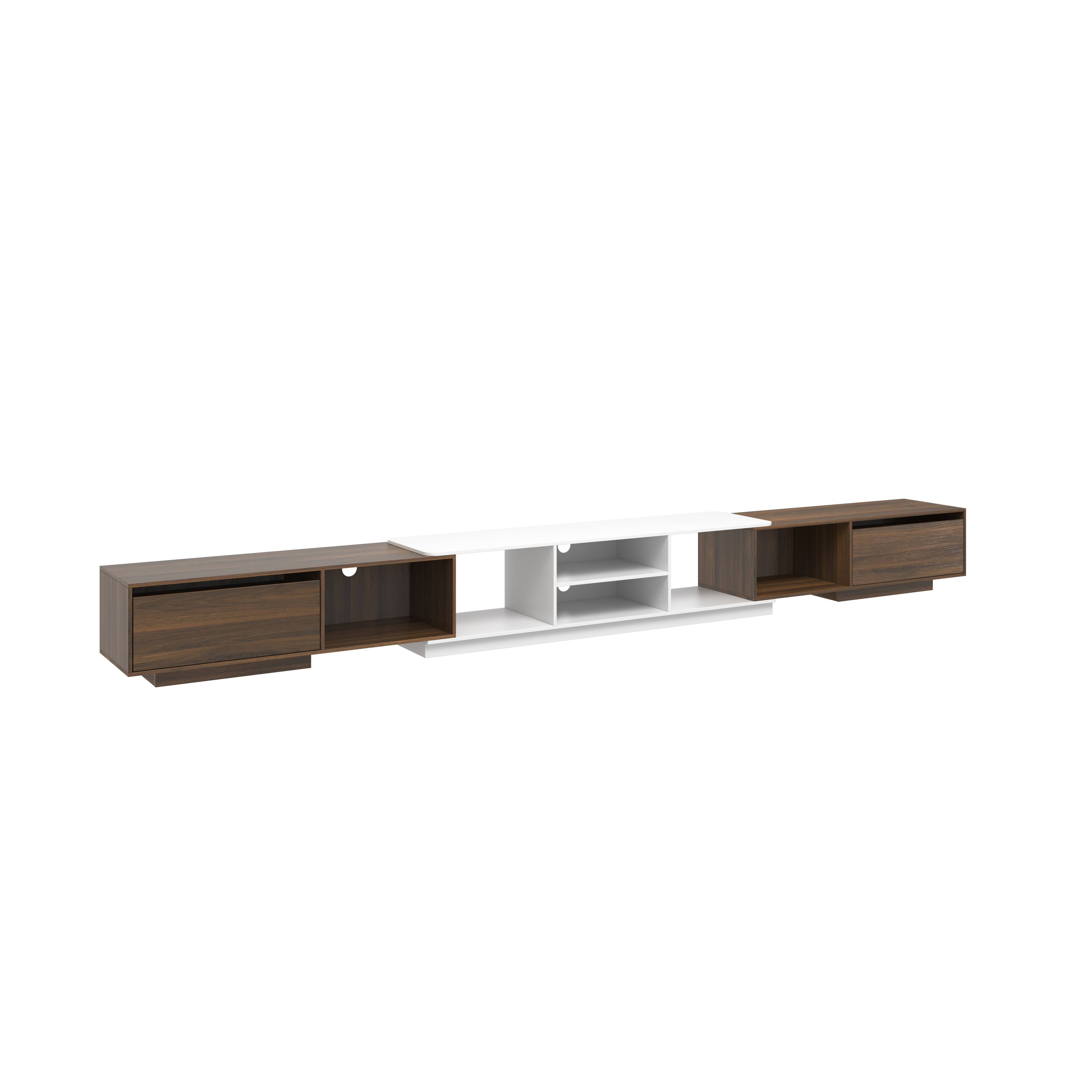 Left. Famapy - Extendable TV Stand, Modern Entertainment Center with Drawers, Open Shelves and Cable Management - Dark Walnut & White.