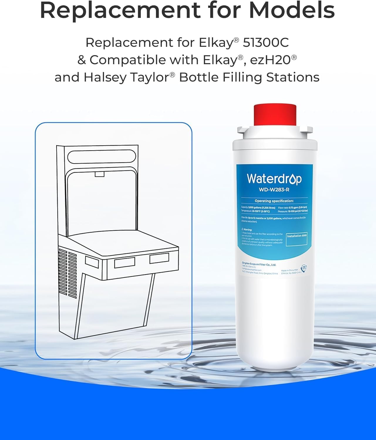 Replacement for Models  
Replacement for Elkay 51300C  
& Compatible with Elkay, ezH20® and Halsey Taylor® Bottle Filling Stations  
Waterdrop WD-W283-R  
Operating specification  
1000 FLA - FELL - an - P - impesture 11009  
De-c CUur W-00gm - O - - L pdone MhaTea acies  
1 Haring - mertng - Installation den f kmpune  
Tota L M UACA