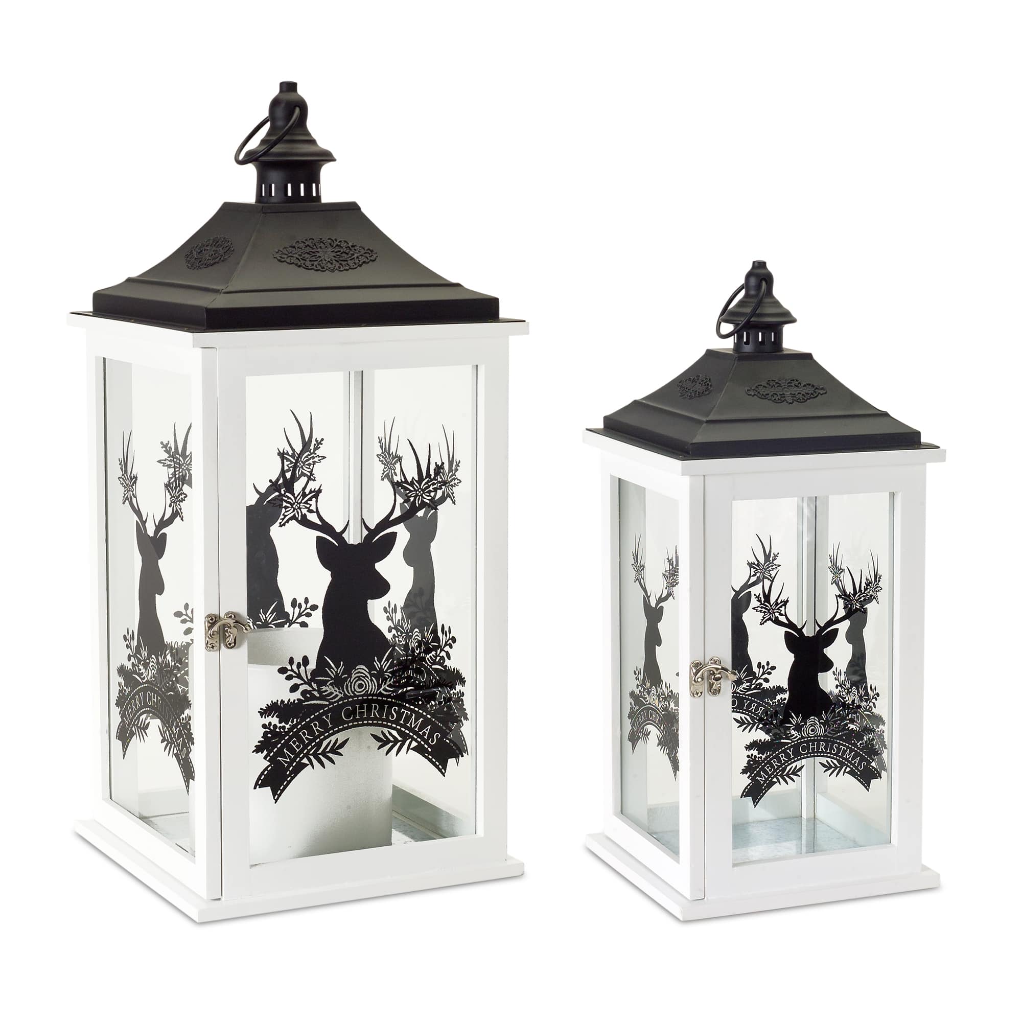 BreeBe - Wood Merry Christmas Lantern with Deer Design (Set of 2) - White, Black