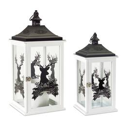 BreeBe - Wood Merry Christmas Lantern with Deer Design (Set of 2) - White, Black