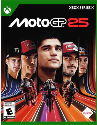 X SERIES X MotoGP TM 25 AWI M Den Lentie LeTtos lulbe KIM EVERYONE ENFANTS et ADULTES E ESRB MILESTONE ESTO - E (Everyone)