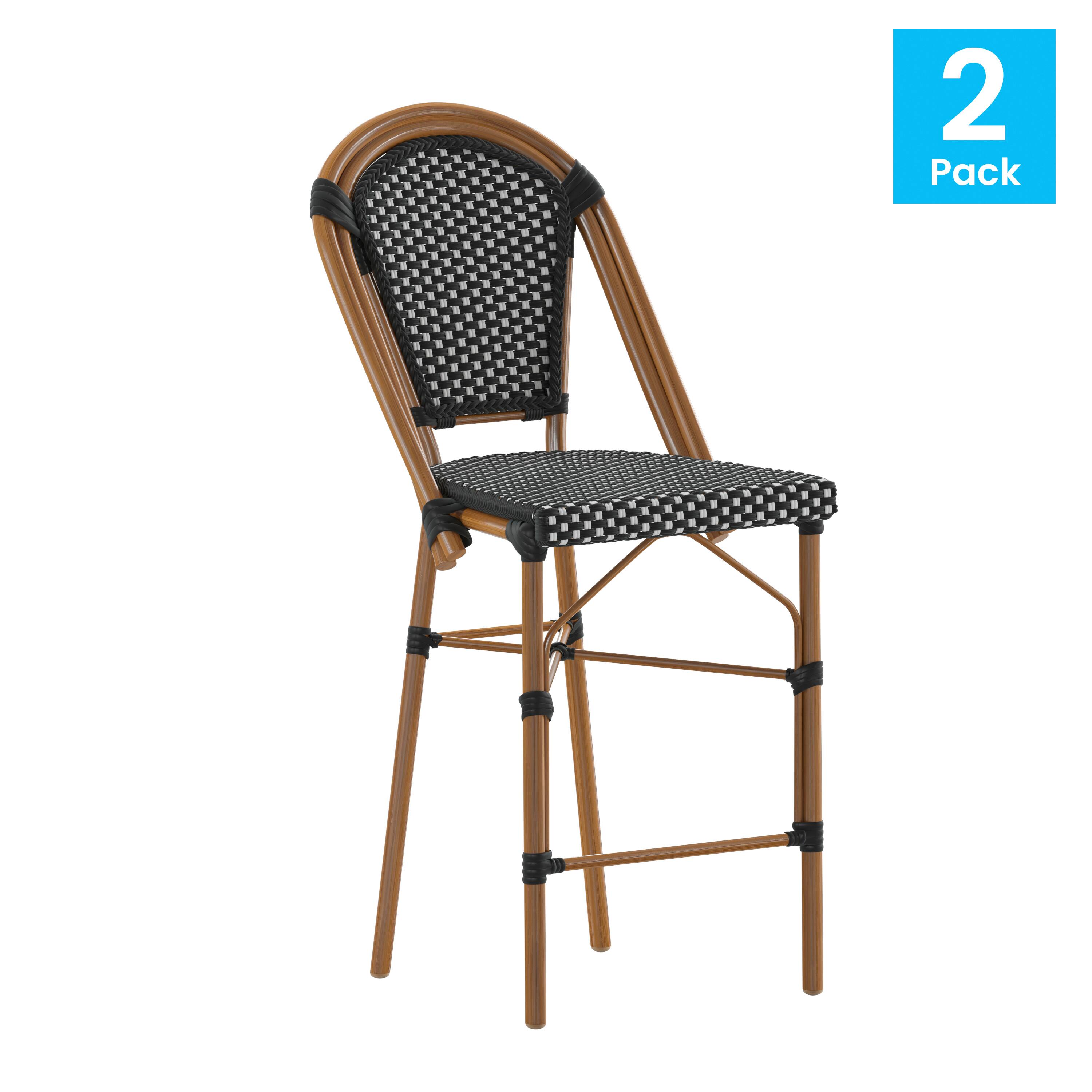 Alt View 1. Emma + Oliver - Soie Set of Two 26" High Stacking Bistro Counter Stools with PE Seat and Back and Metal Frames for Indoor/Outdoor Use - Black & White/Natural Frame.