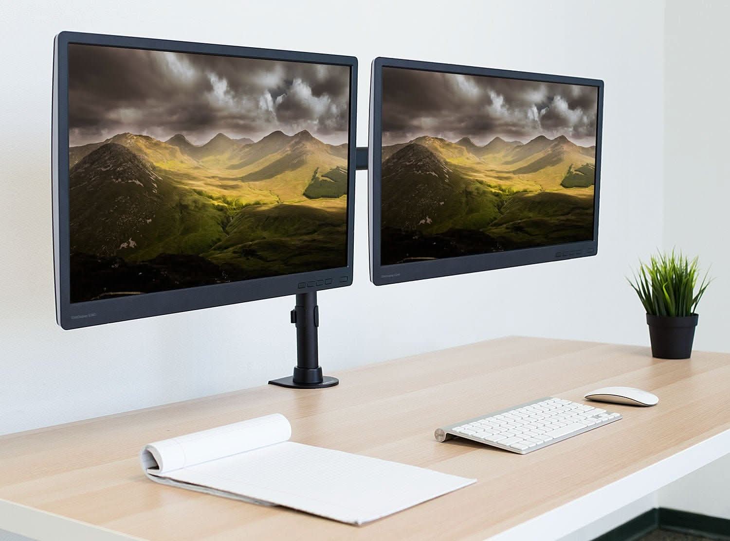 Angle. Mount-It! - Low Profile Dual Monitor Desk Mount — Height Adjustable Arms, Fits Two 17"–32" Displays - Black.