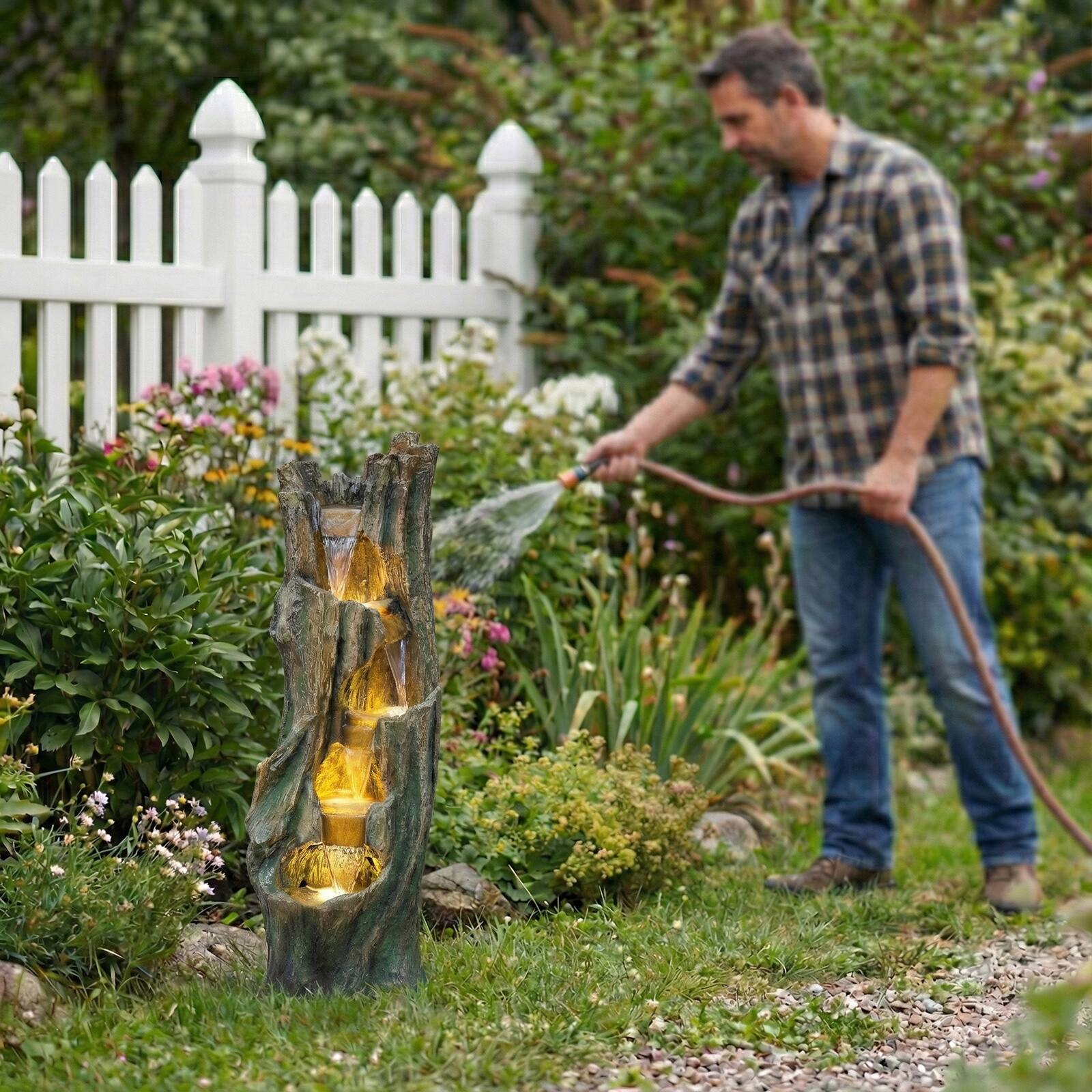 Alt View 5. Chateau Abodes - Outdoor Waterfall Fountain with Energy-Efficient LED Lights for Garden, Patio & Backyard – Instant Relaxation Setup - Grey.