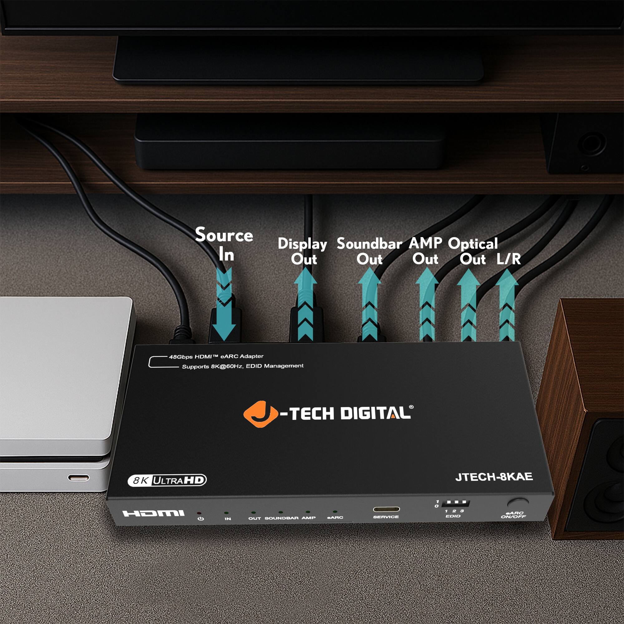 -TECH DIGITAL  
JTECH-8KAE  

48Gbps HDMI™ eARC Adapter  
Supports 8K@60Hz, EDID Management  

Source In  
Display Out  
Soundbar Out  
AMP Out  
Optical Out L/R  

8K ULTRAHD  
HDMI  

IN  
OUT  
SOUNDBAR AMP  
OPTICAL L/R  

eARC  
SERVICE  
1 2 3  
ON/OFF