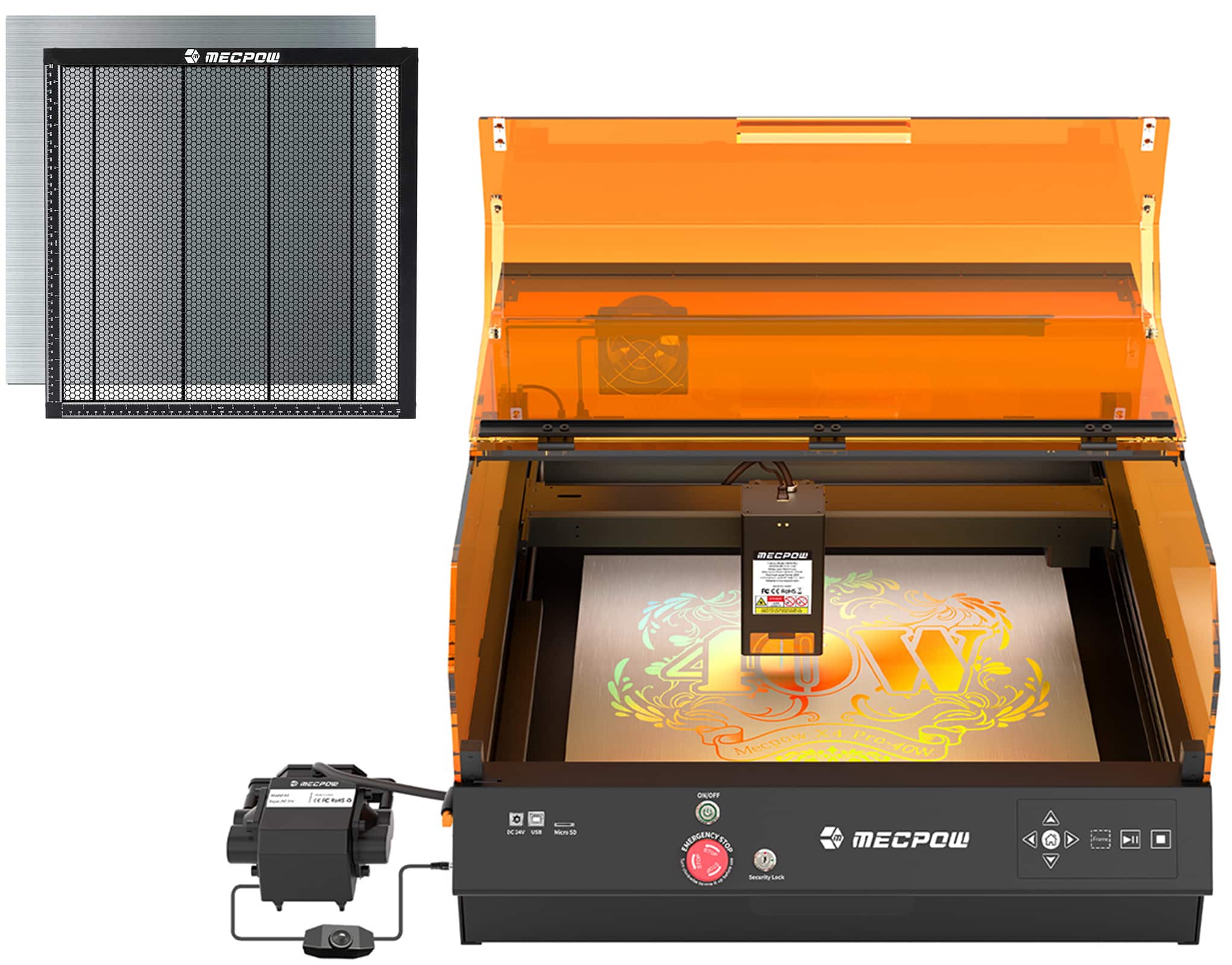 Mecpow - X4 Pro Dual Laser Engraver Bundle & H44 17.32" Honeycomb Bed, 40W/20W Air Assist Camera Enclosed Acrylic Wood Cutter