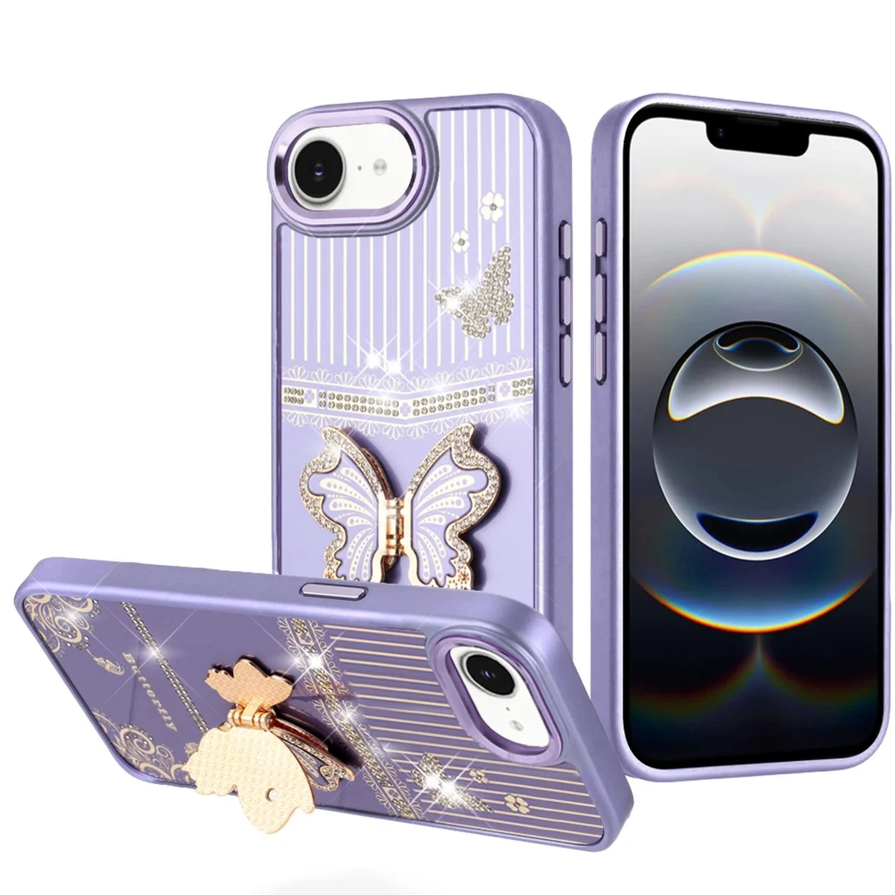 Kitcheniva - 3D Butterfly Bling Charm Stand Cover Plus Tempered Glass For iPhone 16e/17e - Dark Purple price history on PriceWatchPro
