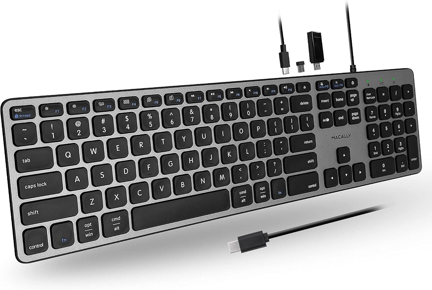 Macally - Premium Wired USB C Keyboard with USB Ports (2X USB-A |1x USB-C Ports) - Space Gray