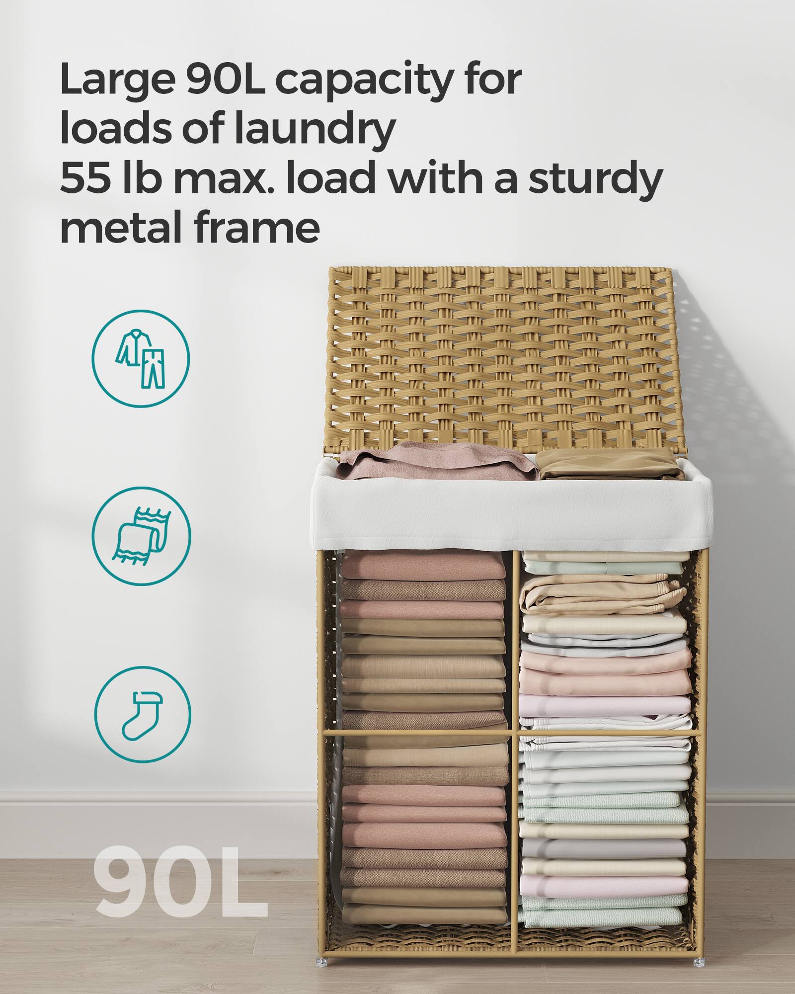 Large 90L capacity for loads of laundry  
55 lb max. load with a sturdy metal frame  

90L
