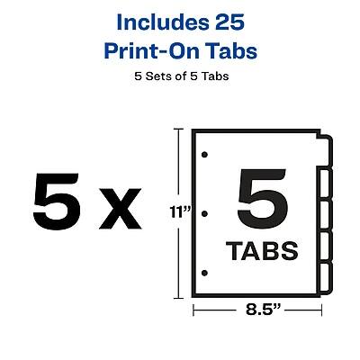 Includes 25 Print-On Tabs  
5 Sets of 5 Tabs  
5 x 5 Tabs  
11" x 8.5"